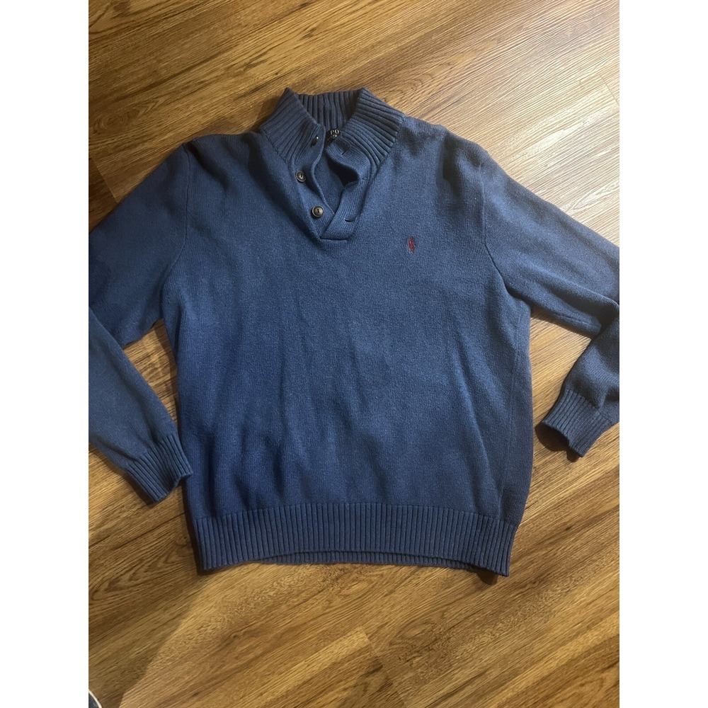 Polo‎ Ralph Lauren Sweater Mens XL Henley Knit Blue Mock Neck Heavyweight